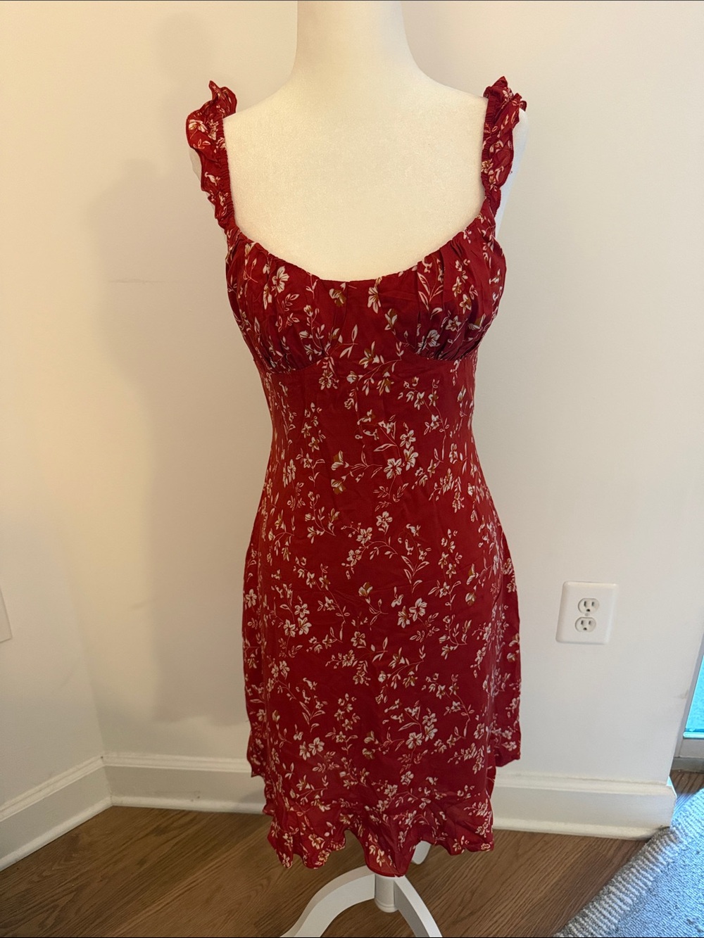 Red Floral Midi Dress with Ruffle Straps